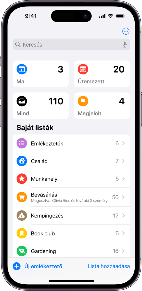 A képernyőn számos különböző lista látható az Emlékeztetők appban. A keresőmező a képernyő tetején jelenik meg az adott napon esedékes elemek, az ütemezett emlékeztetők, az összes emlékeztető és a megjelölt emlékeztetők intelligens listái felett. A Lista hozzáadása gomb a jobb alsó részen található.