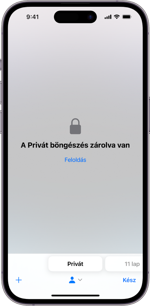A Safari privát böngészéshez van megnyitva. A képernyő közepén a következő szöveg olvasható: A Privát böngészés zárolva van. A szöveg alatt egy Feloldás gomb található.