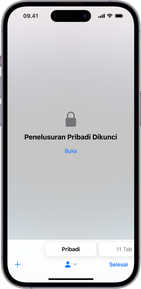 Safari terbuka untuk Penelusuran Pribadi. Di bagian tengah layar ada tulisan Penelusuran Pribadi Dikunci. Di bawahnya terdapat tombol Buka.