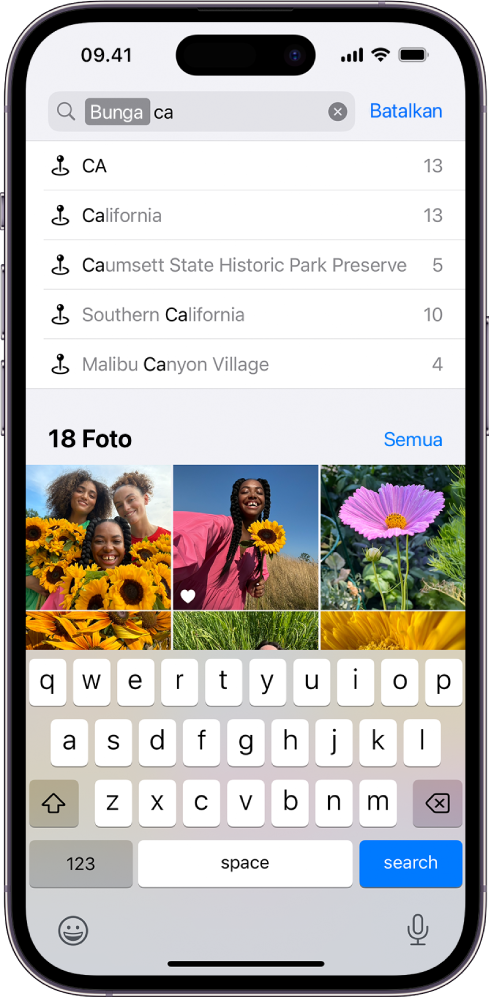 Layar Pencarian di app Foto. Di bagian atas layar terdapat kolom pencarian dan di bawahnya terdapat hasil pencarian.