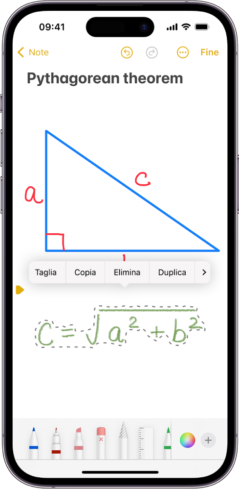 Una nota con un’equazione scritta a mano selezionata. Sopra la selezione è presente un menu con opzioni per tagliare, copiare, eliminare e altro ancora.