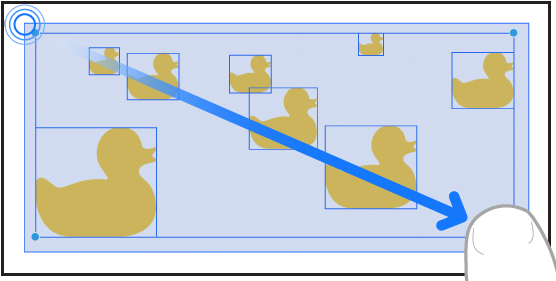 Un dito che viene fatto scorrere sullo schermo per selezionare degli elementi in Freeform.