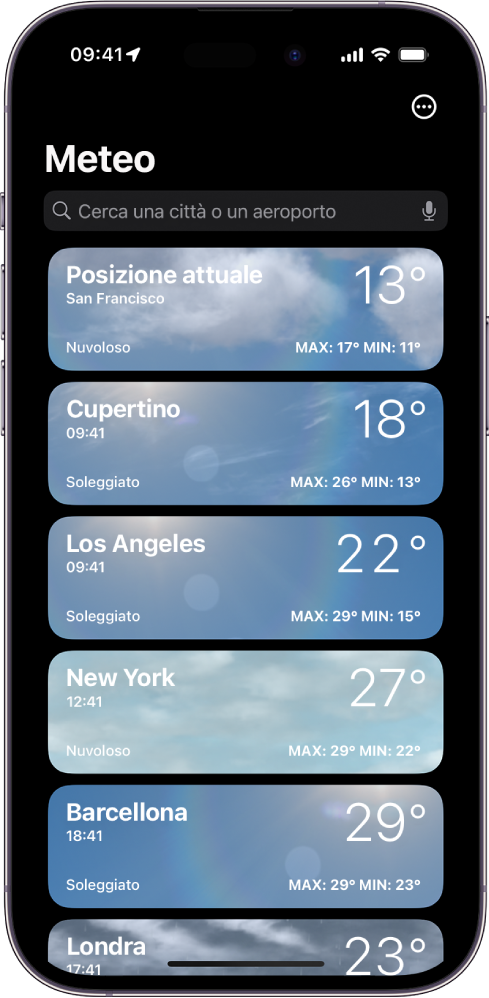 La schermata di Meteo che mostra un elenco di città con l’orario attuale, la temperatura, le previsioni e la temperatura massima e minima. Nella parte superiore dello schermo si trova il campo di ricerca e nell’angolo in alto a destra si trova il pulsante Altro.