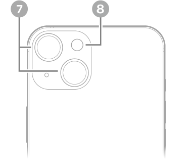 iPhone 13의 후면. 왼쪽 상단에 후면 카메라와 플래시가 있음.