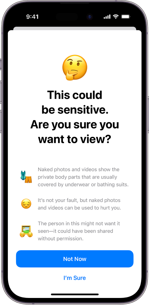 Įspėjimo apie neskelbtiną turinį ekranas, įspėjantis apie galimą nuogumą vaizde. Ekrano apačioje yra toliau nurodyti mygtukai. „Not Now“ ir „I’m Sure“.