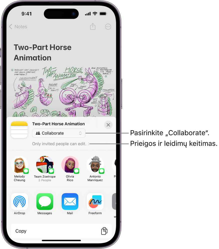 Bendradarbiavimo kvietimas brėžinį programoje „Notes“, kuriame matosi bendrinimo parinktis ir parametras „Only people you invite can edit“ kaip prieigos ir leidimų nustatymas. Keturi galimi gavėjai, įskaitant grupę, sudaro eilutę žemiau. Apatinėje eilutėje siūlomi įvairūs pastabos bendrinimo būdai: „AirDrop“, „Messages“, „Mail“ ir „Freeform“.