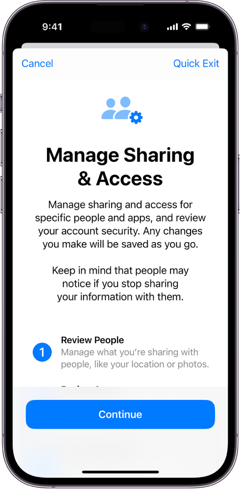 Ekrane „Manage Sharing & Access“ matosi informacija apie funkcijos veikimą. Mygtukas „Continue“ yra apačioje.