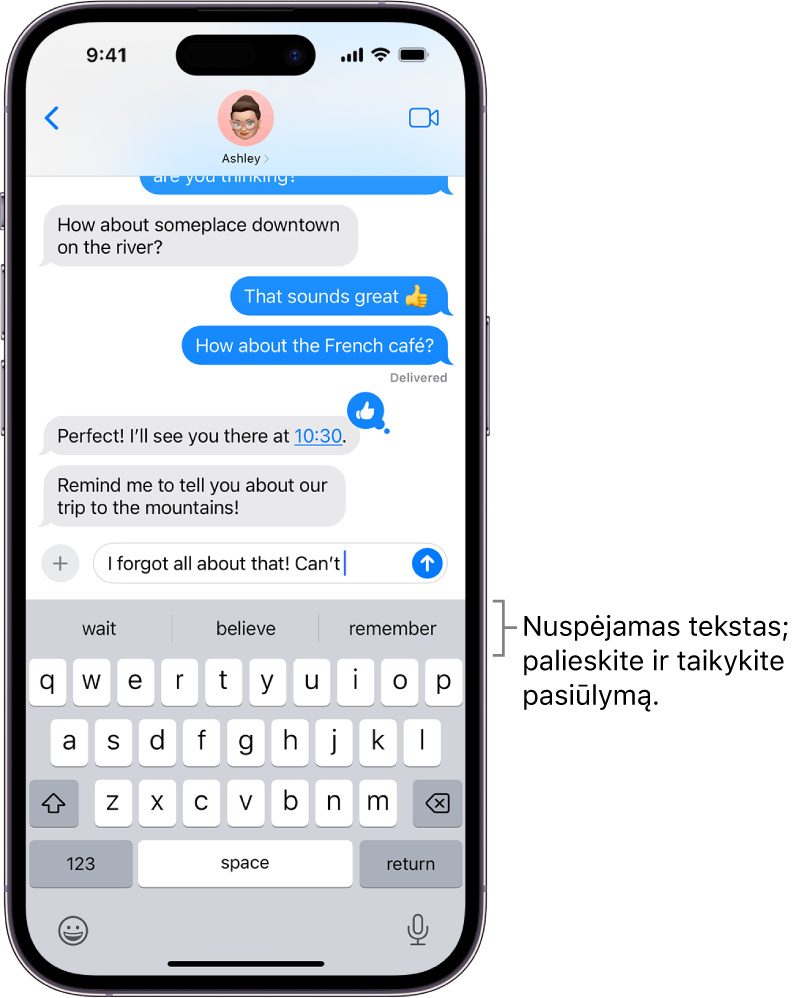 Ekraninė klaviatūra atidaryta programoje „Messages“. Tekstas įvedamas į teksto lauką, o virš klaviatūros pateikiami numatomo teksto pasiūlymai kitam žodžiui.