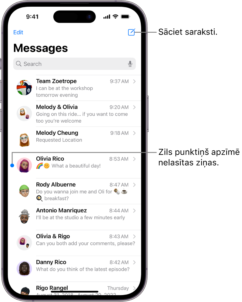 Messages sarunu saraksts ar pogu Compose augšā pa labi. Zils punktiņš pa kreisi no ziņas norāda, ka tā nav izlasīta.