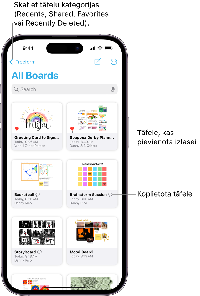 Atvērts Freeform ekrāns All Boards un redzami astoņu tāfeļu sīktēli.