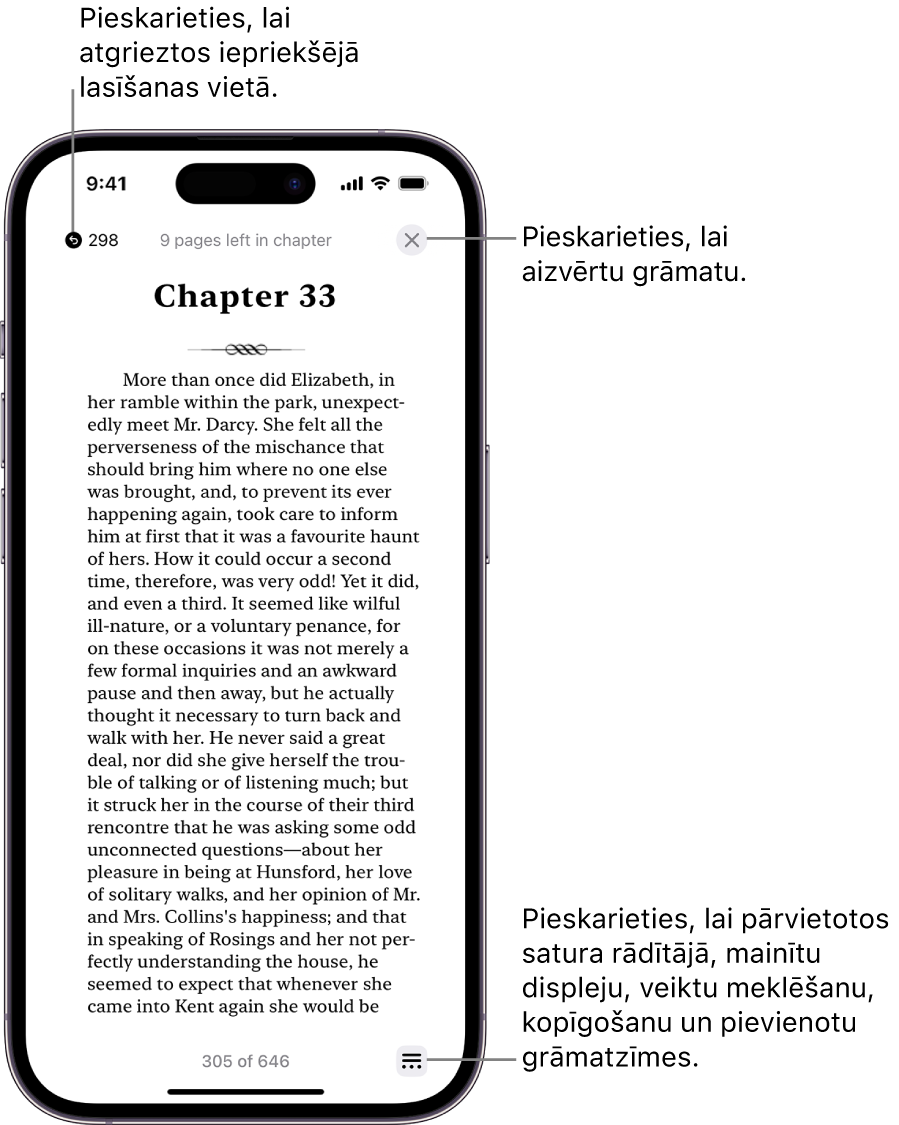 Grāmatas lappuses lietotnē Books. Ekrāna augšdaļā ir pogas, lai atgrieztos lappusē, kurā sākāt lasīšanu, kā arī pogas grāmatas aizvēršanai. Ekrāna apakšējā labajā stūrī ir poga Menu.