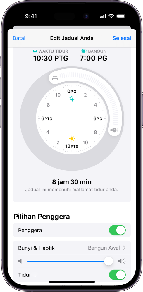 Skrin Edit Jadual Anda dalam Kesihatan, dengan jam Waktu Tidur dan Bangun di bahagian atas skrin serta pilihan penggera di bahagian bawah skrin.