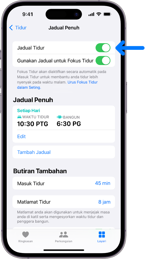 Skrin tidur Jadual Penuh dalam Kesihatan dengan Jadual Tidur diaktifkan di bahagian atas.