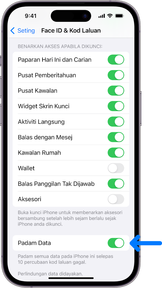 Kawalan Padam Data, yang terletak di bahagian bawah skrin Face ID dan Kod Laluan dalam Seting.