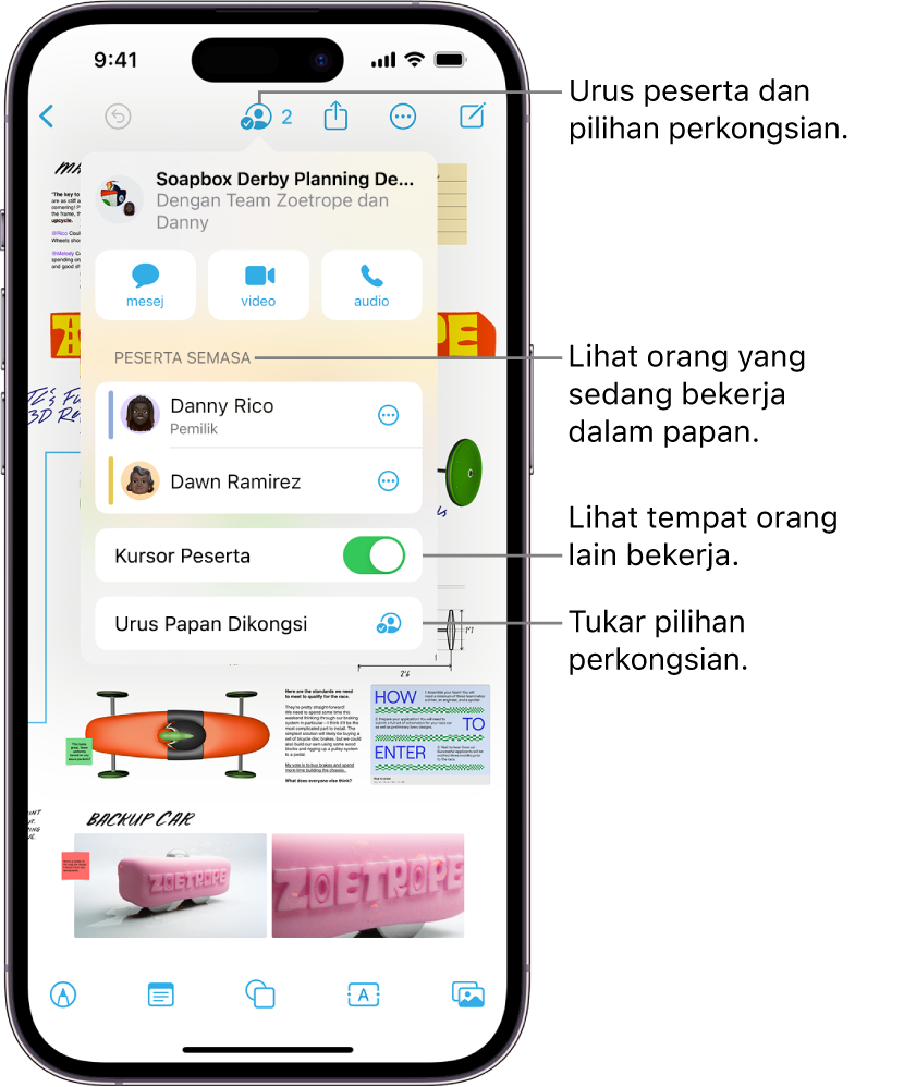 Papan Freeform dikongsi pada iPhone dengan menu kerjasama dibuka.