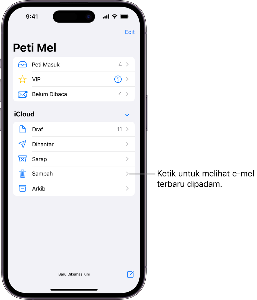 Skrin Peti Mel. Di bawah iCloud, peti mel disenaraikan dari atas ke bawah, termasuk peti mel Sarap. Ketik peti untuk melihat e-mel terbaru dipadam.