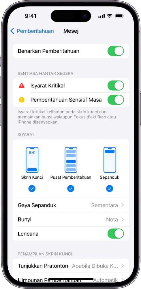 iPhone dengan seting Mesej untuk pemberitahuan dan gerak isyarat.