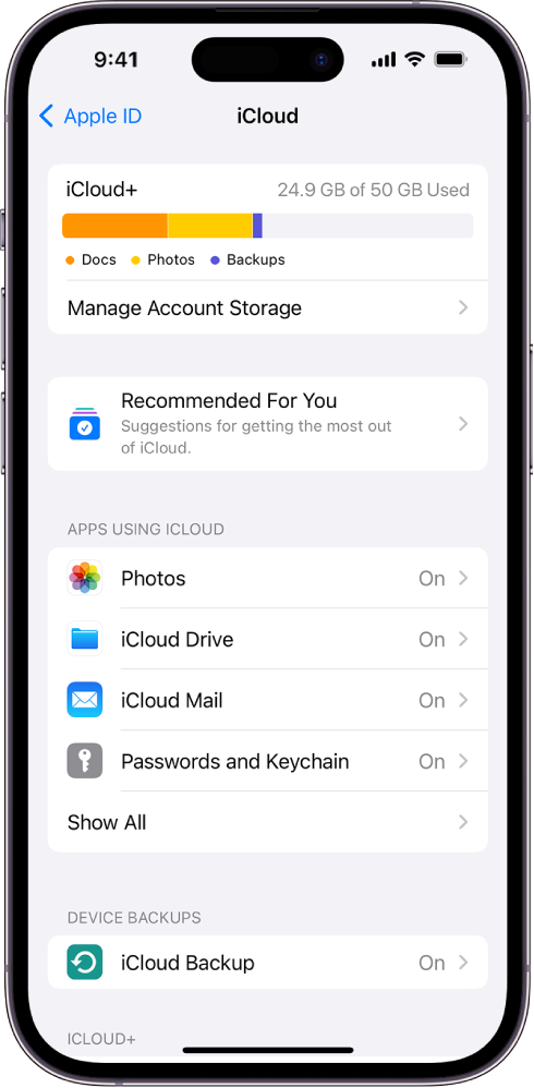 iCloud သိမ်းဆည်းမှုမီတာနှင့် iCloud နှင့် အသုံးပြုနိုင်သည့် Photos၊ iCloud Drive နှင့် iCloud Backup အပါအဝင်—အစီအစဉ်များစာရင်းကို ဖော်ပြထားသည့် iCloud ချိန်ညှိမှုများ ဖန်သားပြင်။