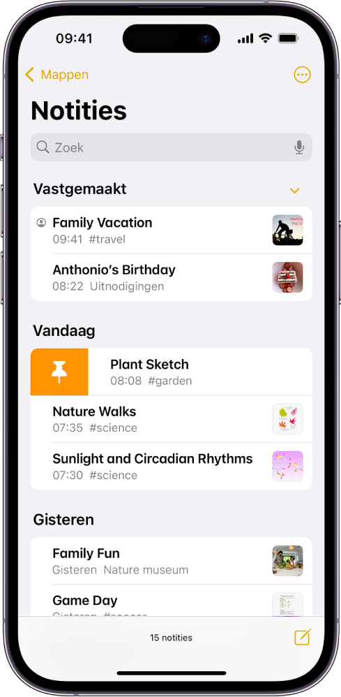 De lijst met notities met het zoekveld bovenaan.