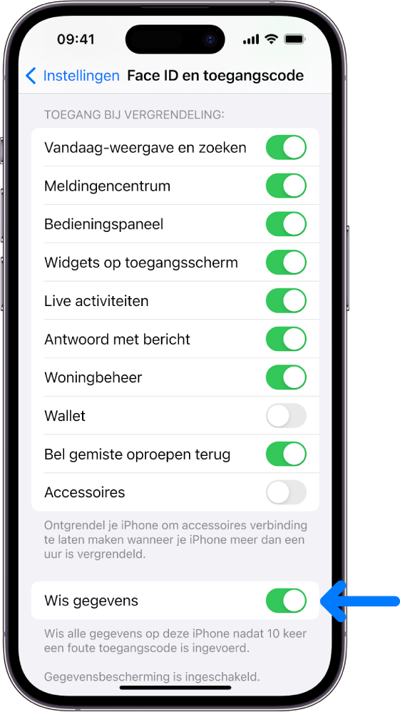 De regelaar voor het wissen van gegevens onder in het scherm 'Face ID en toegangscode' in Instellingen.