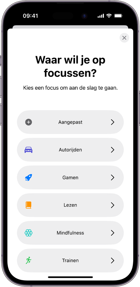 Het focusconfiguratiescherm voor een van de aanvullende kant-en-klare focusopties, waaronder 'Aangepast', 'Autorijden', 'Trainen', 'Gamen', 'Mindfulness' en 'Lezen'.