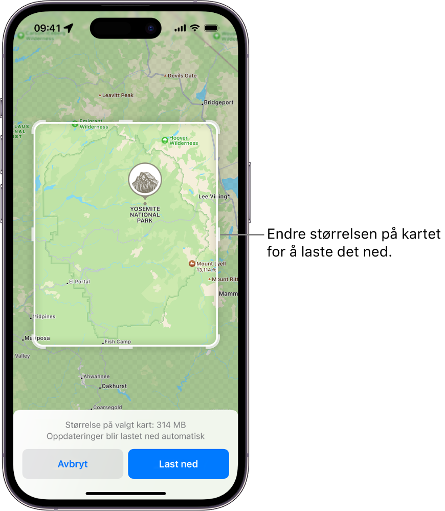 Et kart over en nasjonalpark. Parken vises inne i et rektangel med håndtak, som kan flyttes for å endre størrelsen på kartet som lastes ned. Nedlastingsstørrelsen for det markerte kartet vises nær bunnen av kartet. Knappene Avbryt og Last ned vises nederst på skjermen.