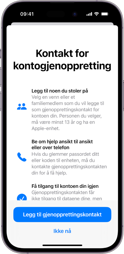 Kontakt for kontogjenoppretting-skjermen med informasjon om funksjonen. Legg til gjenopprettingskontakt-knappen er nederst.