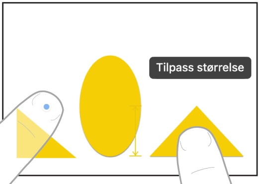 To fingre på to hender som markerer og tilpasser størrelsen på to objekter i Freeform.