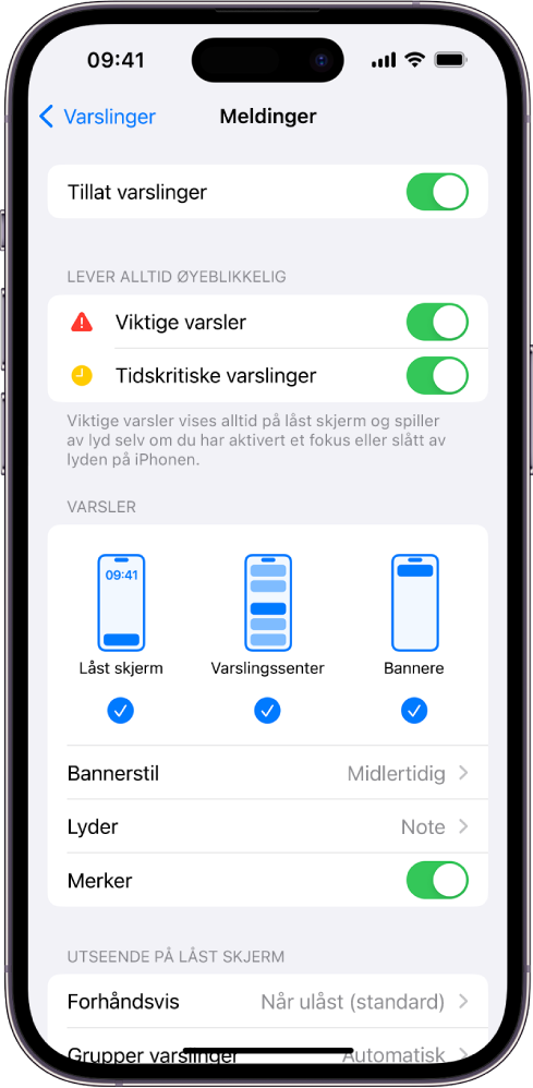 iPhone som viser Meldinger-innstillingene for varslinger og varsler.