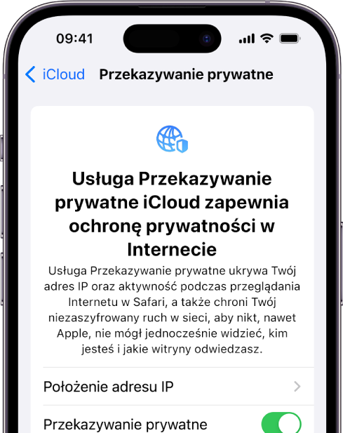 Ekran Ustawień z możliwością włączenia lub wyłączenia funkcji Przekazywanie prywatne.