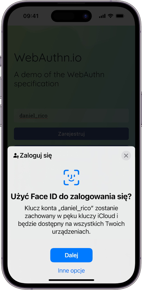 Ekran logowania z pytaniem o zachowanie klucza konta. Na dole ekranu znajdują się przyciski Dalej oraz Inne opcje.