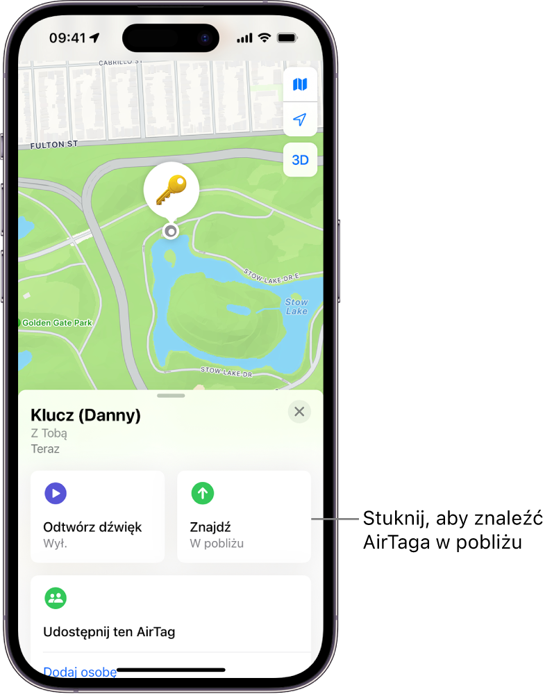 Aplikacja Znajdź wyświetlająca położenie kluczy użytkownika. Można stuknąć w przycisk Znajdź, aby znaleźć AirTag znajdujący się w pobliżu.