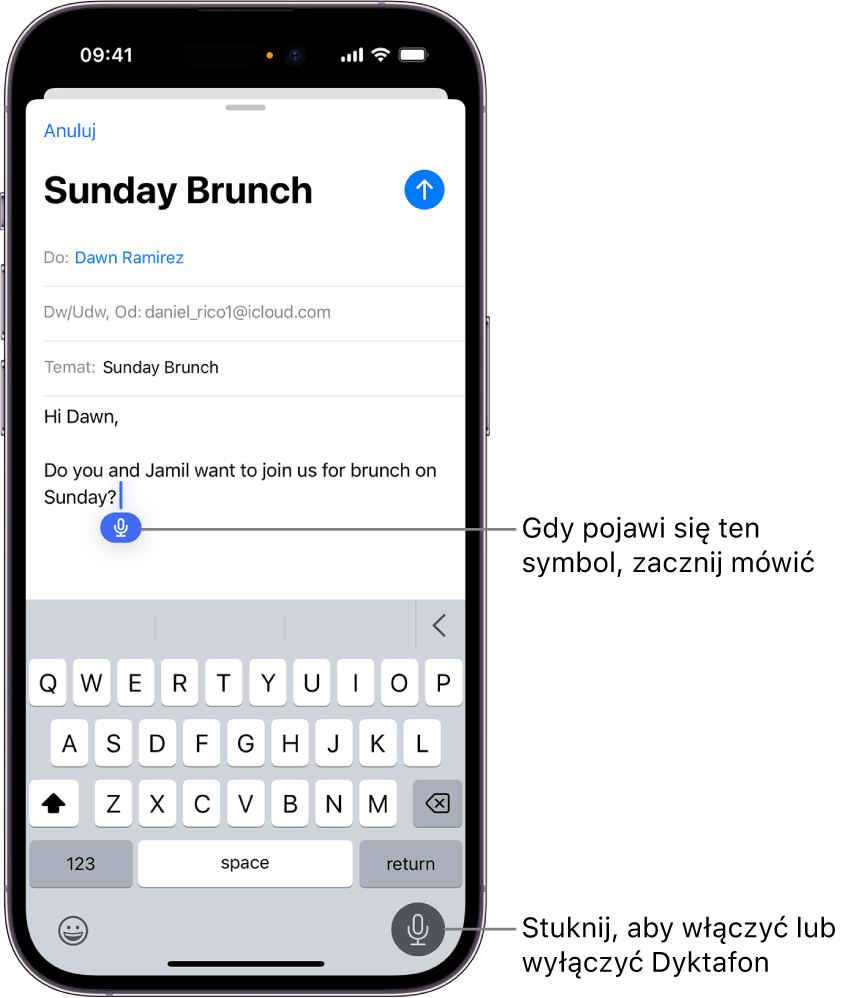 Klawiatura ekranowa otwarta w aplikacji Poczta. Przycisk Dyktowanie znajdujący się w prawym dolnym rogu ekranu jest zaznaczony. W polu tekstowym pod punktem wstawiania widoczny jest przycisk Dyktowanie.