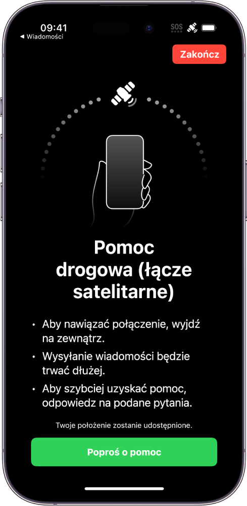 Ekran funkcji proszenia o pomoc drogową przez łącze satelitarne. Na dole ekranu znajduje się przycisk z etykietą Poproś o pomoc.