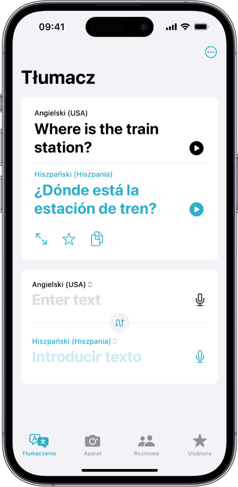 Karta Tłumaczenie, na której widoczne jest zdanie przetłumaczone z języka angielskiego na hiszpański. Poniżej przetłumaczonego zdania widoczne jest pole tekstowe.