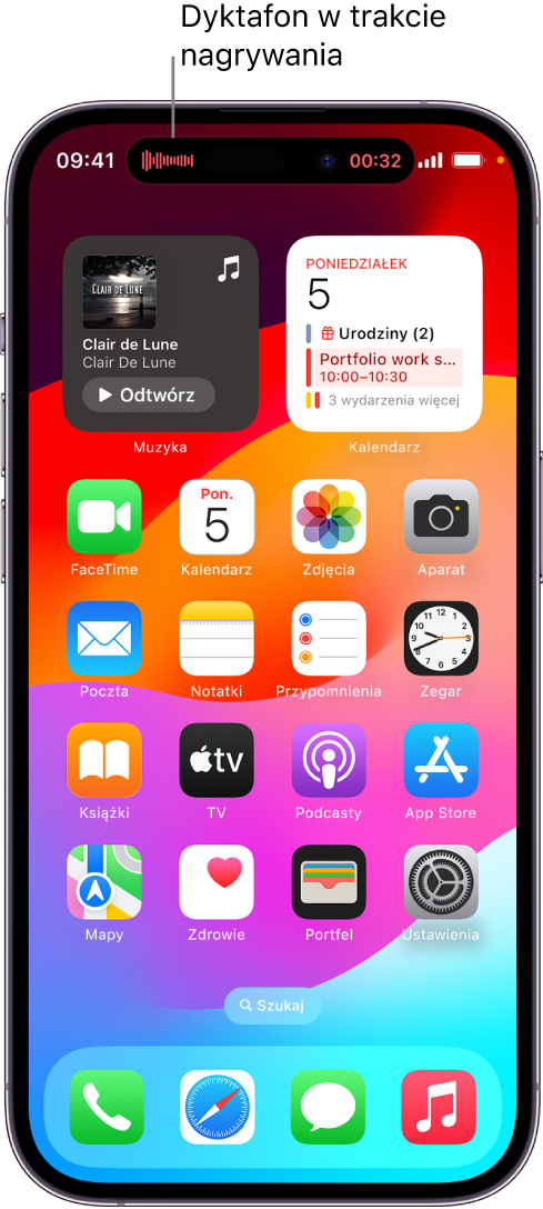 Ekran początkowy iPhone’a 14 Pro z notatką głosową nagrywaną w polu Dynamic Island.