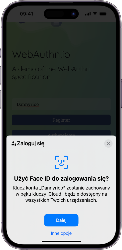 Dolna połowa ekranu iPhone’a z opcją użycia kluczy do zalogowania się w witrynie. Widoczny jest przycisk Dalej, pozwalający zachować klucz, oraz przycisk Inne opcje.