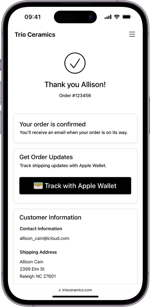 Potwierdzenie zamówienia z przyciskiem Śledź – Portfel Apple.