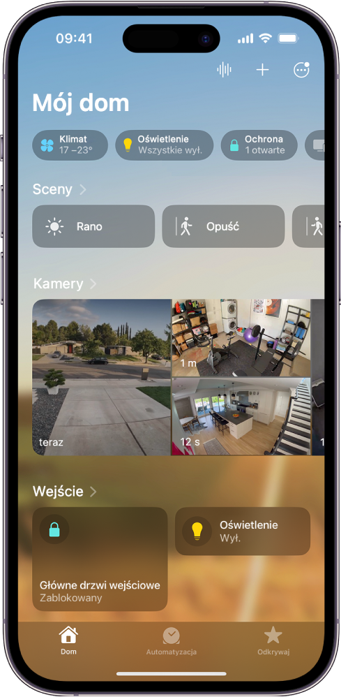Karta Dom. Od góry do dołu widoczne są: cztery kategorie, dwie sceny, trzy widoki kamer oraz status jednego pokoju. Na dole znajdują się karty Dom, Automatyzacja oraz Odkrywaj. Karta Dom jest zaznaczona.