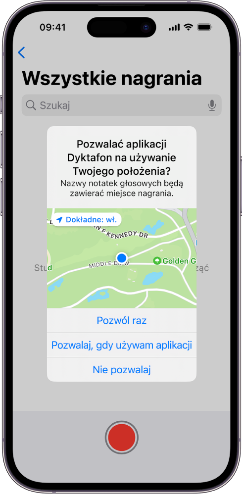 Prośba aplikacji o użycie danych dotyczących położenia iPhone’a. Dostępne są następujące opcje: Pozwól raz, Pozwalaj, gdy używam aplikacji oraz Nie pozwalaj.