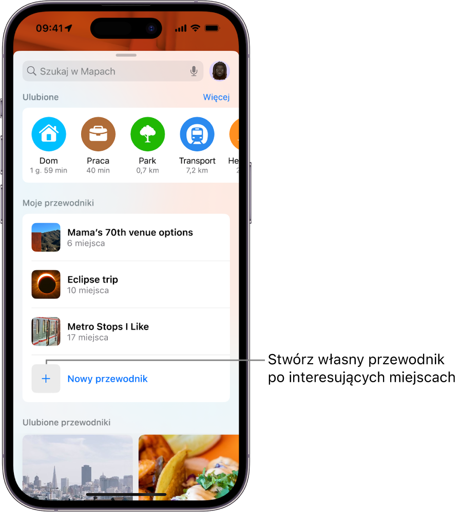 Karta wyszukiwania w Mapach, zawierająca kilka własnych przewodników pod etykietą Moje przewodniki. Na dole widoczny jest przycisk Nowy przewodnik.