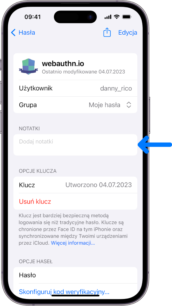 Ekran klucza w pęku kluczy iCloud, zawierający informacje dotyczące klucza oraz miejsce na dodawanie i wyświetlanie notatek.