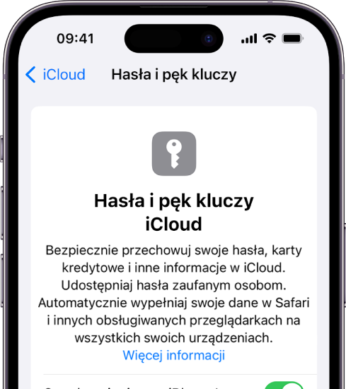 Ekran Hasła i pęk kluczy w iCloud z opcją umożliwiającą synchronizowanie tego iPhone’a.