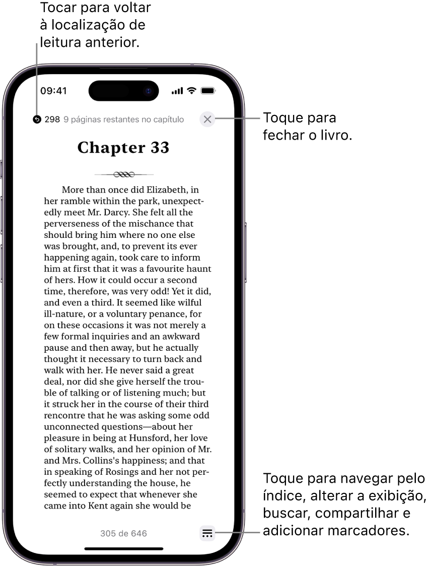 Página de um livro no app Livros. Na parte superior da tela há botões para voltar para a página onde você começou a ler e para fechar o livro. Na parte inferior direita da tela está o botão Menu.