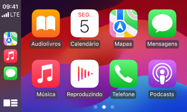 Tela de Início do CarPlay mostrando os apps Mapas, Música e Mensagens na Barra Lateral. À direita estão Audiolivros, Calendário, Mapas, Mensagens, Música, Reproduzindo, Telefone e Podcasts.