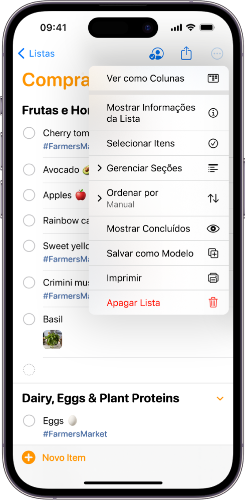 Uma checklist para uma viagem de acampamento no app Lembretes. Alguns itens têm etiquetas, localizações, sinalizações e fotos. O botão Novo Lembrete está na parte inferior esquerda.