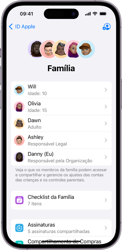 Tela do Compartilhamento Familiar nos Ajustes. Cinco membros da família aparecem na lista. Abaixo de cada nome está a Checklist da Família e, abaixo disso, as opções de Assinaturas e Compartilhamento de Compras.