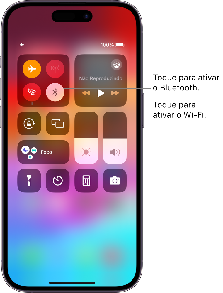 A Central de Controle com o modo avião ativado, mostrando que Wi-Fi e Bluetooth estão desativados. Os botões para ativação de Wi-Fi e Bluetooth estão próximos ao canto superior esquerdo da Central de Controle.