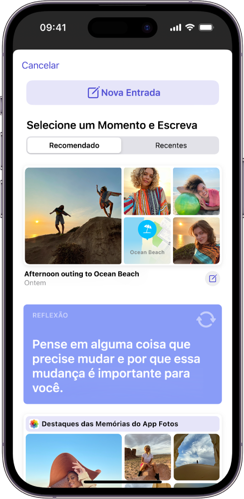 Uma tela mostrando o botão Nova Entrada na parte superior e sugestões para escrever no diário, abaixo.