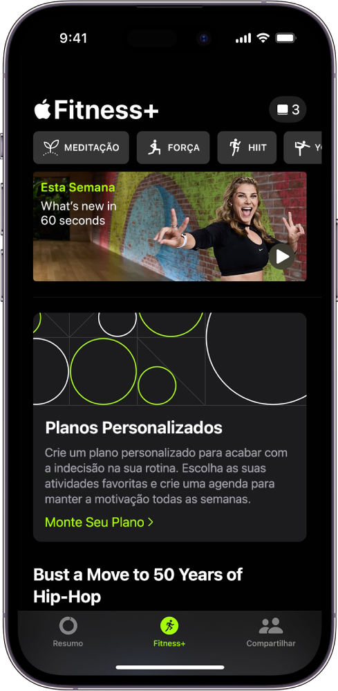 Tela do Apple Fitness+ mostrando diversos tipos de treinos disponíveis e uma área onde você pode montar um Plano Personalizado.